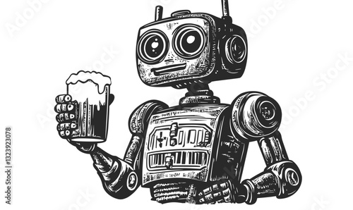 Retro robot holding beer mug - vintage style robot icons set, linear vector.