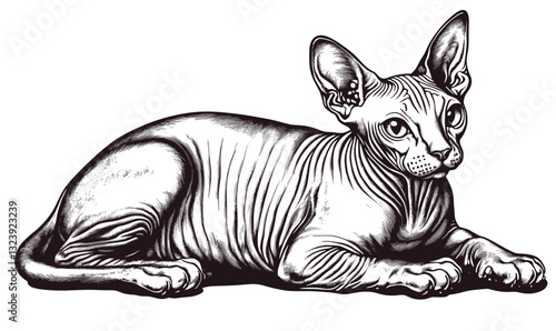 Sphynx cat lying down with intricate fur details, linear style icons set, vector.