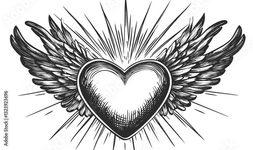 Winged heart with radiating lines in monochrome linear style, icons set vector.