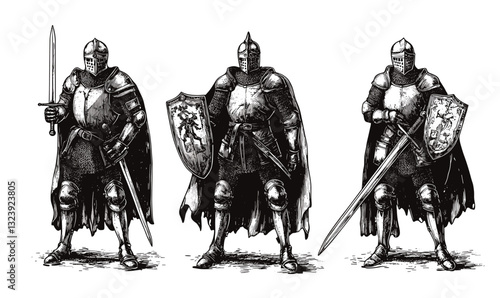 Medieval knights in armor with shields and swords icon set, linear vector.