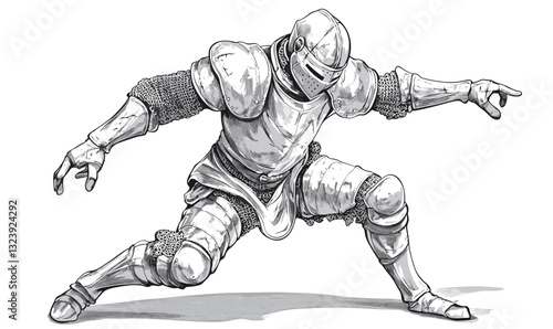 Medieval knight in armor illustration, dynamic pose, detailed drawing, flat style, icons set, vector.
