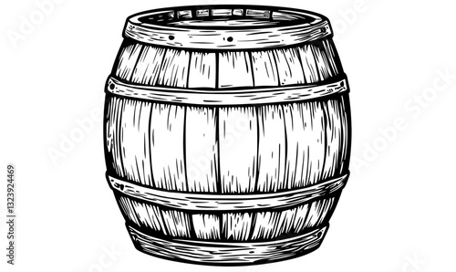 Wooden barrel drawing in black and white linear vector style, icons set.