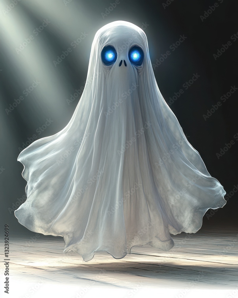 Eerie Floating Ghost with Glowing Blue Eyes in Hyper-Realistic Art Style for Halloween and Paranormal Themes Eerie Floating Ghost with Glowing Blue Eyes in Hyper-Realistic Art Style for Halloween and Paranormal Themes