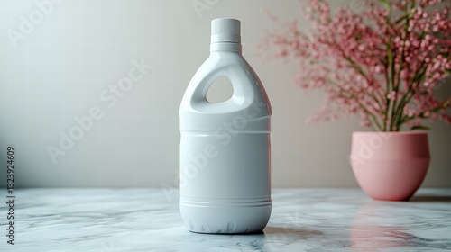 Bleach Bottle on a Marble Surface: Clean, minimalist image of a bleach bottle placed on a cool marble surface, with the soft backdrop