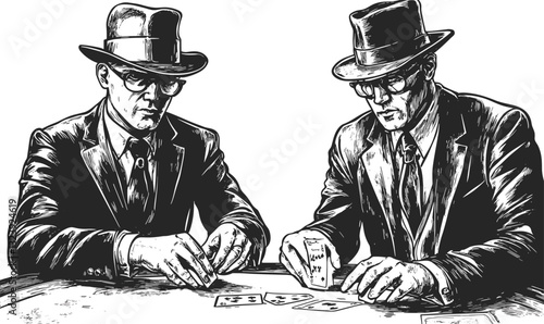 Two men playing poker at card table in vintage style, linear icons set, vector.