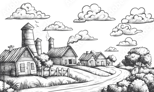 Rustic countryside with farmhouses and clouds vector, linear icons set.