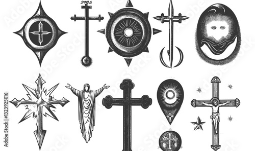 Religious cross design icons set with various styles and motifs, linear vector.
