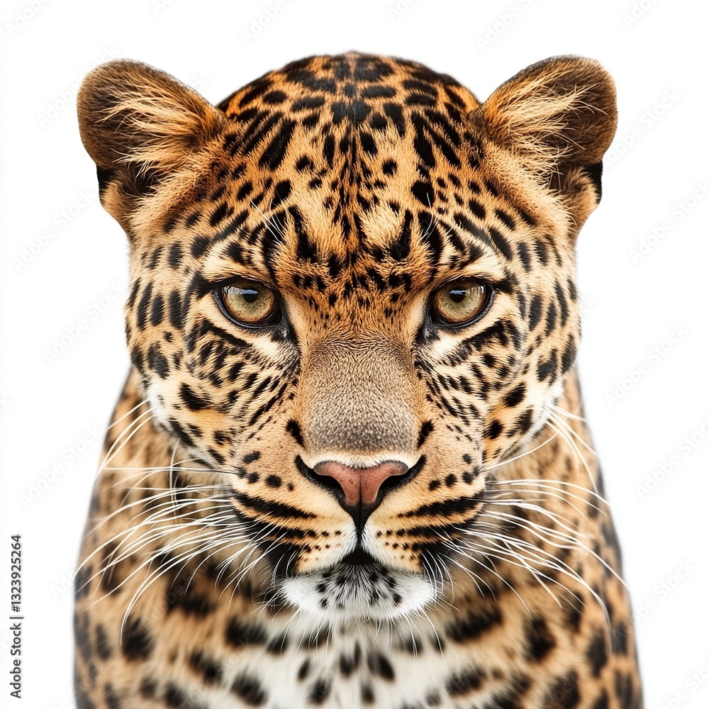Close-up portrait of a majestic leopard against a white background. Close-up portrait of a majestic leopard against a white background.