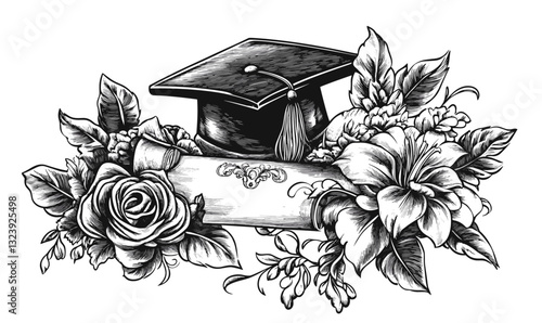 Graduation cap and flowers with diploma in floral arrangement, linear icons set.