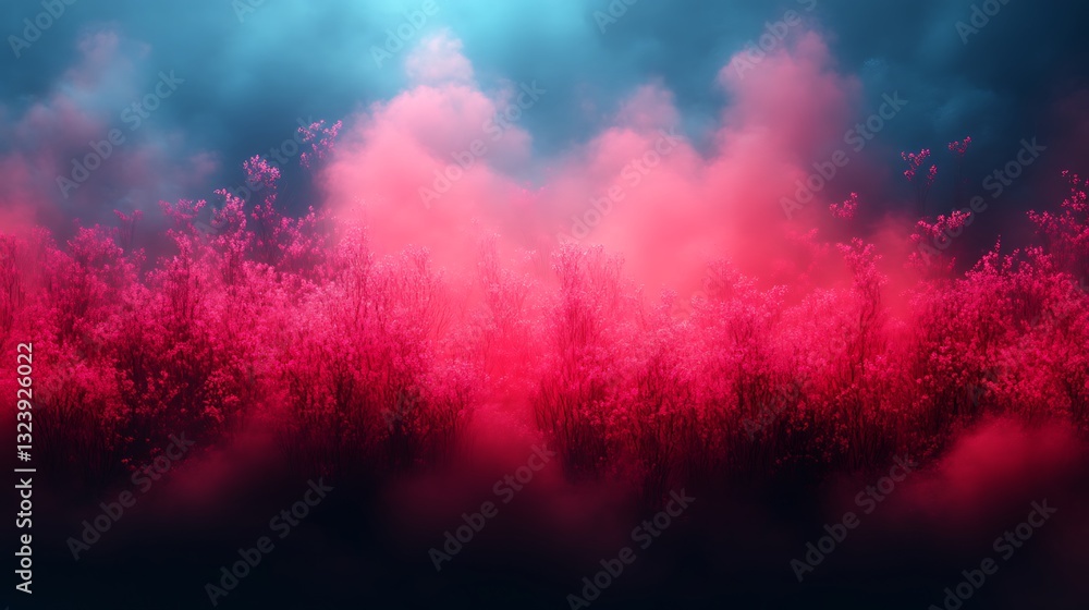 Naklejka premium Pink flowers bloom in a mystical foggy forest