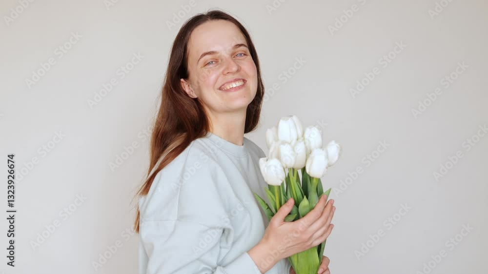 A woman stands indoors, gently holding a bouquet of white tulips. She seems to be appreciating the flowers, enjoying a serene moment in a well-lit space A woman stands indoors, gently holding a bouquet of white tulips. She seems to be appreciating the flowers, enjoying a serene moment in a well-lit space