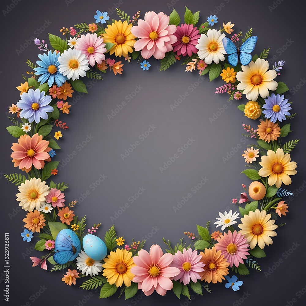 Floral Wreath with Easter Egg and Butterfly on Dark Background Floral Wreath with Easter Egg and Butterfly on Dark Background