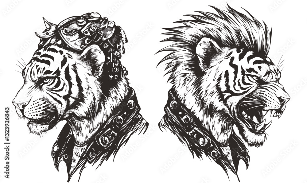 Obraz premium Set of punk tiger heads with spikes and mohawk hairstyles, vector icons set, linear style.