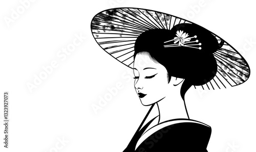 Traditional geisha with umbrella in profile, monochrome, flat icons set, vector.