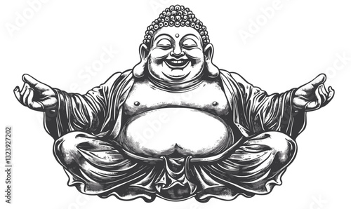 Happy buddha sitting in meditation, hands outstretched, linear icons set, vector.