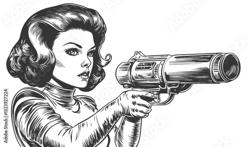 Retro futuristic woman with ray gun linear icons set - vector.