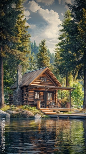 Serene lakeside cabin surrounded by tall trees
