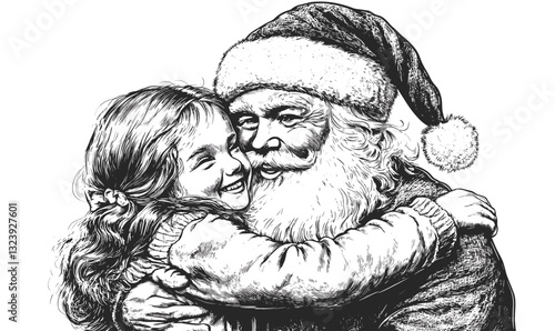 Santa hugging smiling child in christmas celebration - linear style icons set vector.