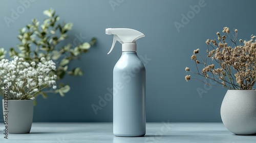 Fresh Cleaning: A serene composition features a pastel-colored spray bottle set amidst natural elements, conveying freshness and simplicity.