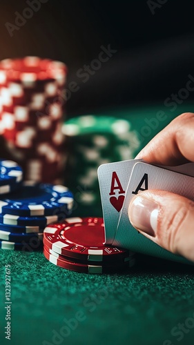 A realistic close-up of folded hands resting on a poker table. The hands are positioned near a stack of poker chips and a set of playing cards. The setting is a dimly lit casino or poker room with a g