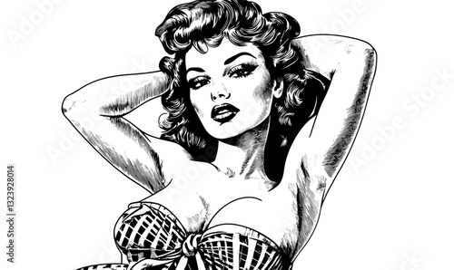 Retro pin-up woman posing with vintage hairstyle and outfit - linear style icons set vector.