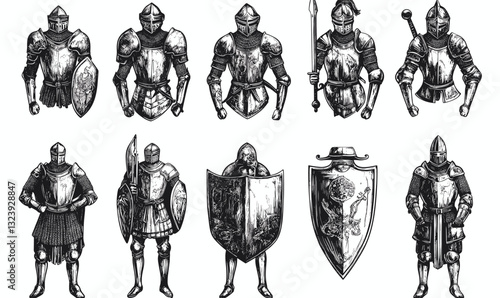 Medieval knight armor illustrations with shields and weapons, vector, flat icons set.