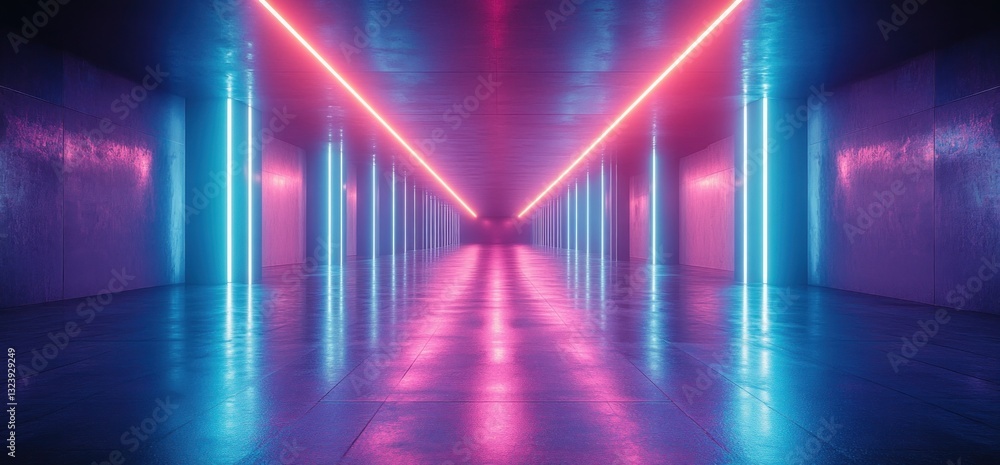 Futuristic Cyberpunk Neon Corridor Garage Hangar with Glowing Green Blue Lights Dramatic Reflections and Metallic Floor Futuristic Cyberpunk Neon Corridor Garage Hangar with Glowing Green Blue Lights Dramatic Reflections and Metallic Floor