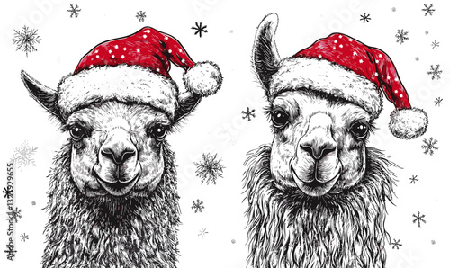 Alpacas wearing santa hats with snowflakes vector - linear style icons set.