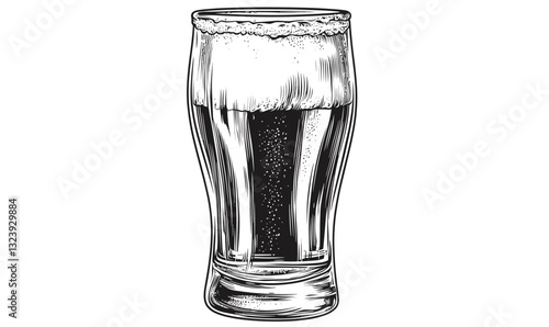 Detailed beer glass with foam, full pint, black and white illustration, linear icons set, vector.