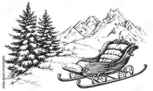 Vintage winter sleigh with snowy pines and mountains - linear icons set, vector.