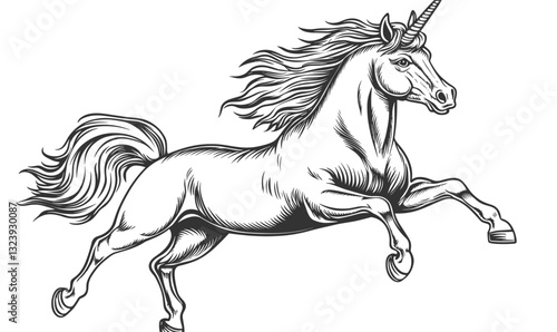 Majestic unicorn prancing - black and white linear icons set, vector.