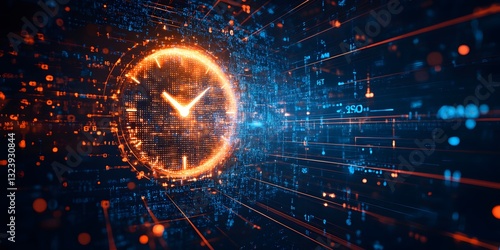 time travel concept with digital clock surrounded by digital lines and lights.