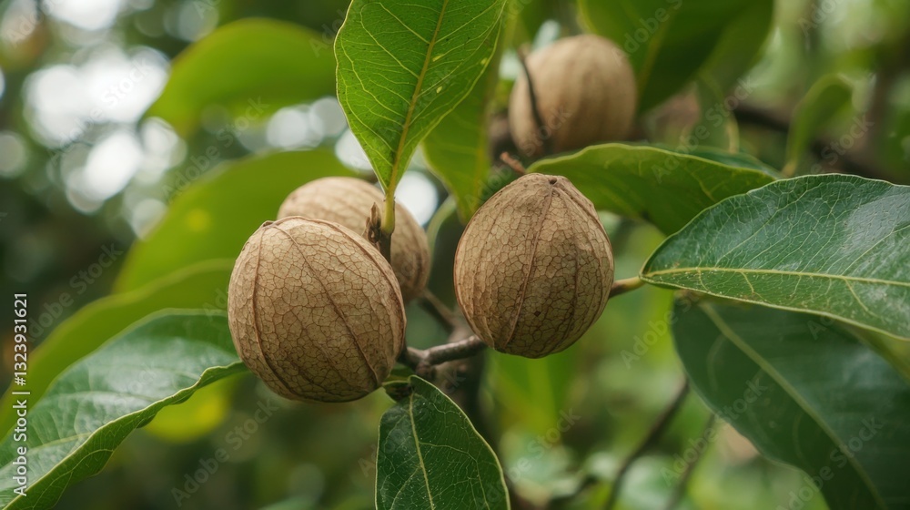 Obraz premium Nutmeg is the seed or ground spice of several species of the genus Myristica. The most notable is Myristica fragrans, an evergreen tree indigenous to the Moluccas (or Spice Islands) of Indonesia.