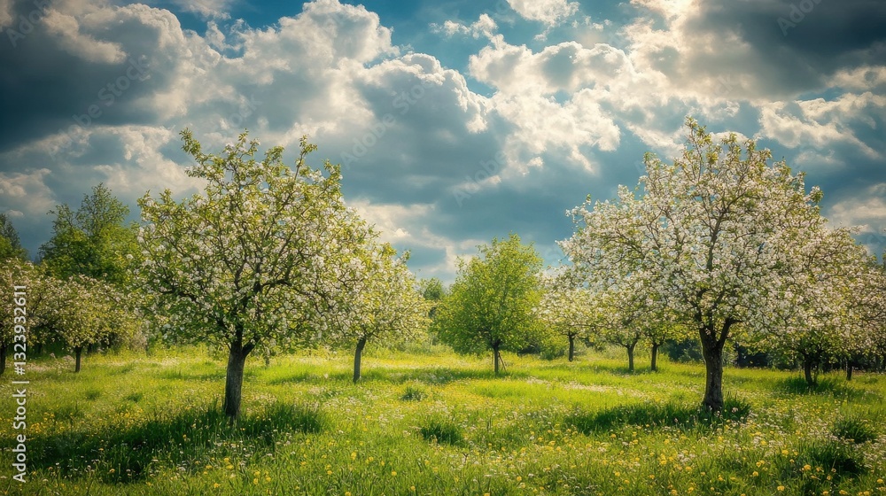 Blossoming Apple Trees in a Vibrant Meadow Under a Dramatic Sky Highlighting the Splendor of Spring and the Beauty of Nature's Seasonal Transformation Blossoming Apple Trees in a Vibrant Meadow Under a Dramatic Sky Highlighting the Splendor of Spring and the Beauty of Nature's Seasonal Transformation