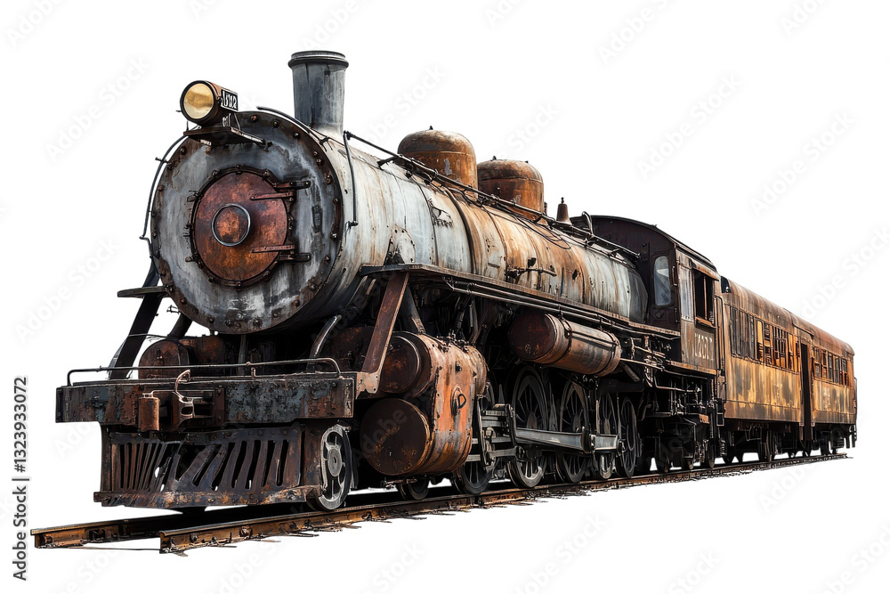 Weathered steam locomotive resting on tracks in a forgotten rail yard under a clear blue sky isolated on transparent background Weathered steam locomotive resting on tracks in a forgotten rail yard under a clear blue sky isolated on transparent background