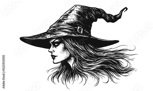 Witch profile with hat in black and white - linear icons set vector.