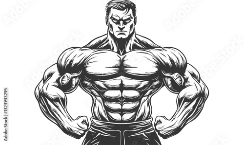 Muscular bodybuilder flexing muscles in black and white, linear icons set, vector.