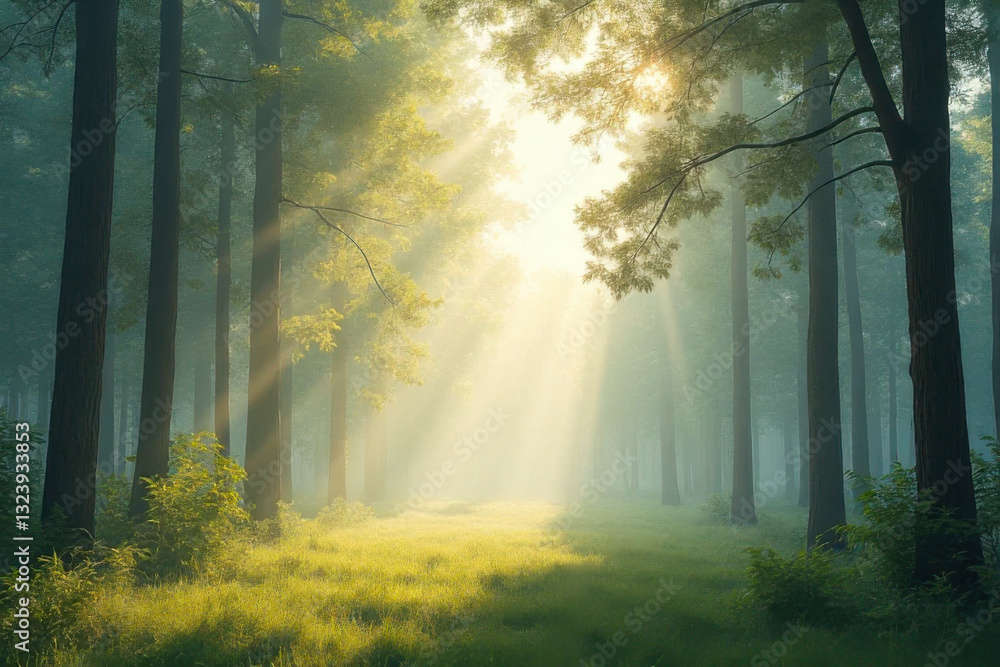 Obraz premium Golden Rays Through the Woodland Canopy