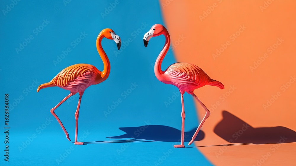 Obraz premium Two flamingo toys on a vibrant orange and blue background, radiating joy and optimism. 