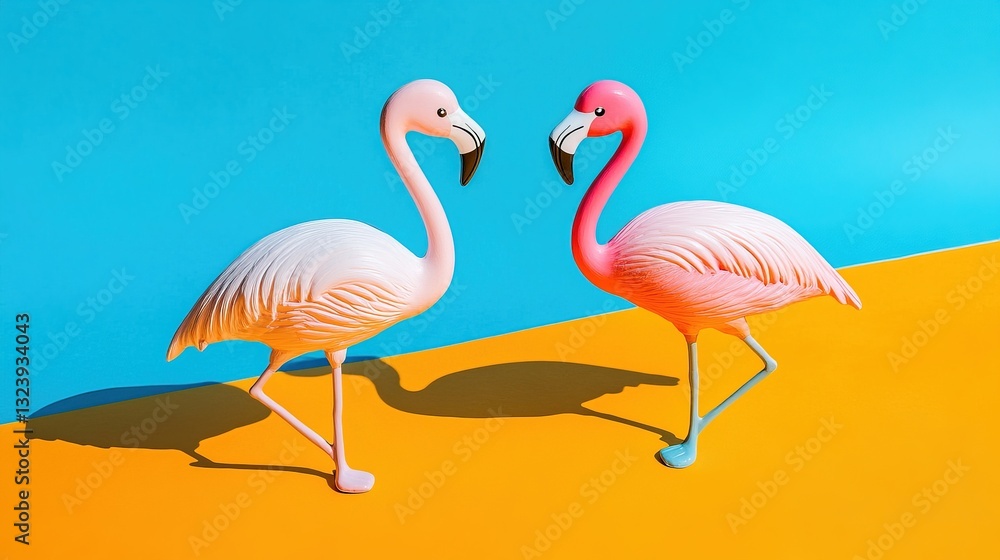 Obraz premium Two flamingo toys on a vibrant orange and blue background, radiating joy and optimism. 