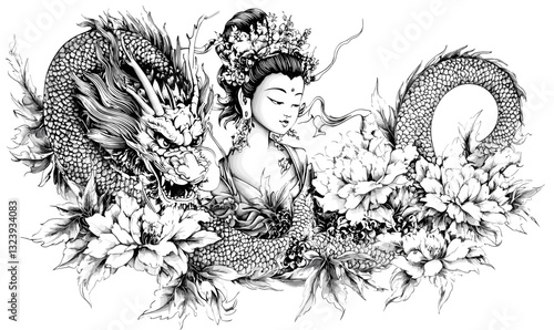 Intricate dragon and geisha with floral elements, black and white, vector, linear icons set.