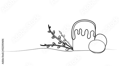 continuous line drawing of willow branch and easter cake with eggs.