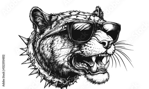 Fierce leopard head with sunglasses and spiked collar, black and white vector, linear icons set.
