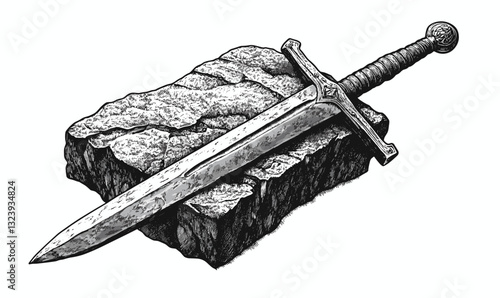 Medieval sword on stone surface concept in monochrome design, vector, linear icons set.