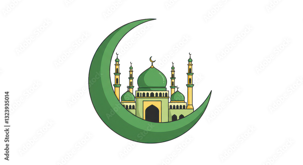Obraz premium Stylized mosque illustration framed by a green crescent moon on a white background