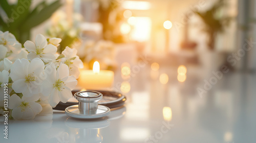 Stethoscope Cradled by White Blossoms and Candlelight: A Emblem of Healthcare Commitment and care