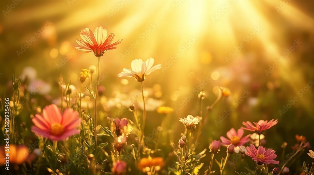Vibrant Wildflowers Under Golden Sunlight in a Lush Green Field Vibrant Wildflowers Under Golden Sunlight in a Lush Green Field