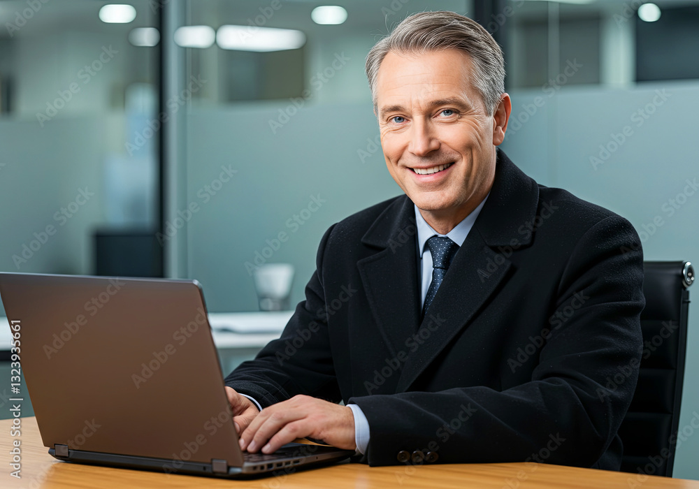 Smiling mature adult business man executive sitting at desk using laptop. Mid aged businessman in office Smiling mature adult business man executive sitting at desk using laptop. Mid aged businessman in office