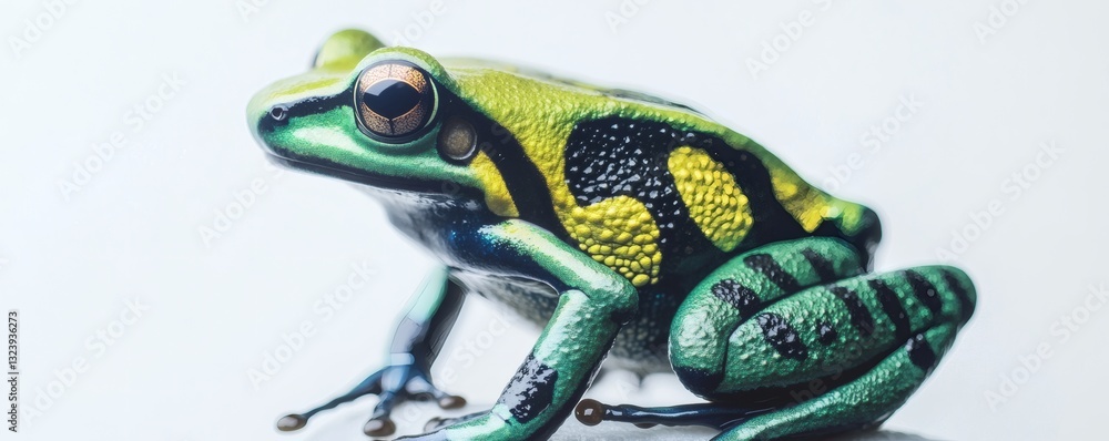 Obraz premium A vibrant green and yellow frog poses against a white background