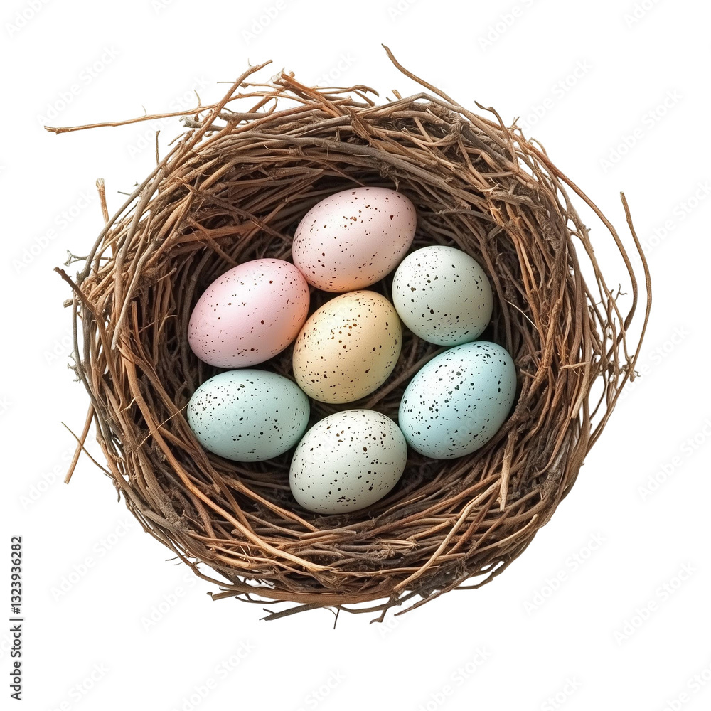 Colorful speckled eggs in a rustic nest Colorful speckled eggs in a rustic nest
